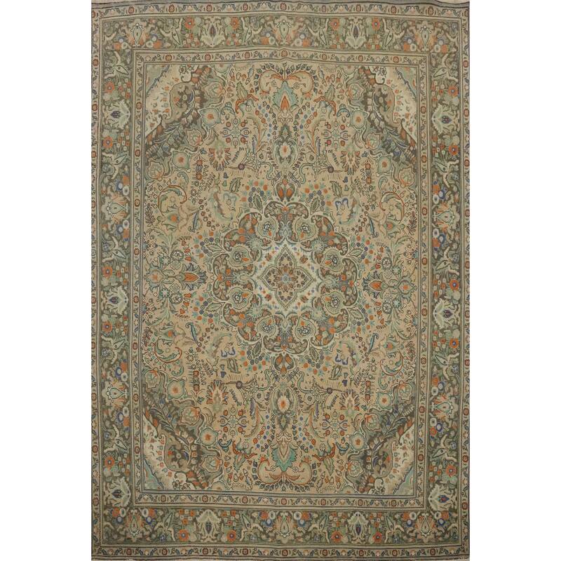 Hand Knotted Oriental 100% Wool Carpet Traditional Floral Beige & Ivories Tabriz Area Rug - 12' 5'' X 9' 10''