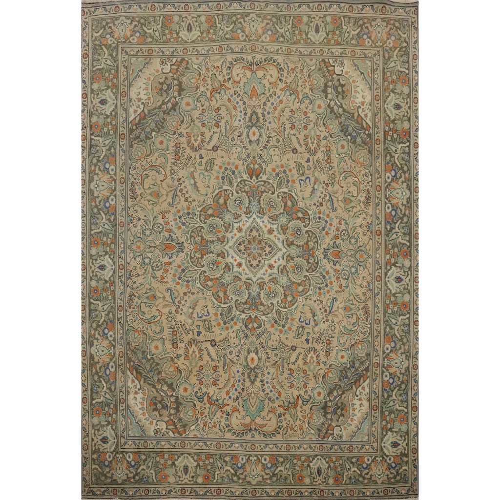 Hand Knotted Oriental 100% Wool Carpet Traditional Floral Beige & Ivories Tabriz Area Rug - 12' 5'' X 9' 10''