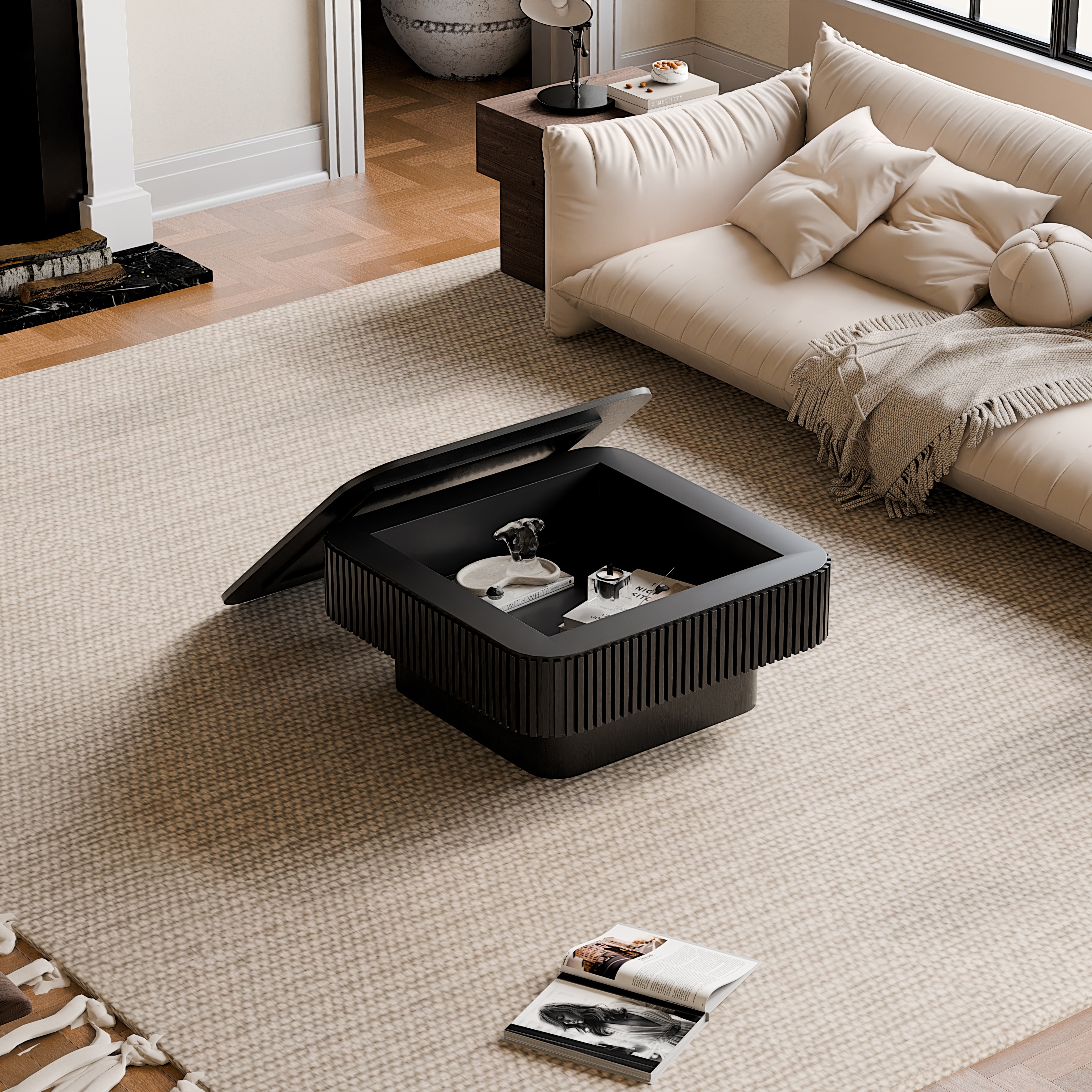 Tea Table Accent Table with Storage, Rustic Side Table Black Center Table End Table Sofa Table for Living Room