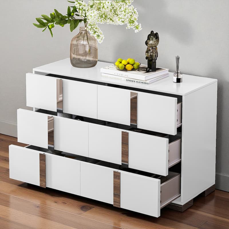 Elegant Modern 6-Drawer Mirrored Dresser with Metal Feet, MDF Storage Chest for Bedroom or Living Room Organization