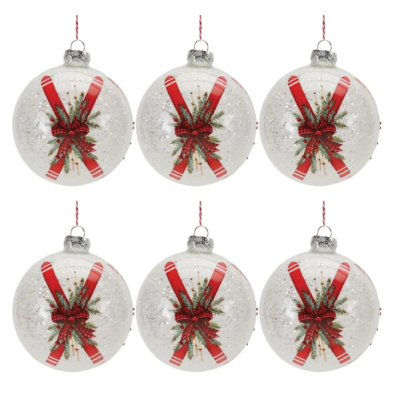 Ski and Bow Glass Christmas Ball Ornaments - 5" (127mm) - Red and White - 6ct