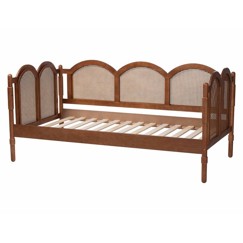 Carmiya Scalloped Daybed - Twin Size Wood Frame with Rattan Panels, Arched Boho Coastal Style Bed for Living Room or Bedroom