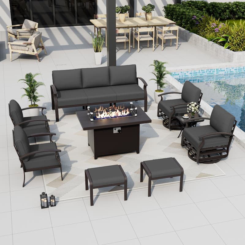 Aluminum Patio Furniture Set with Fire Pit, Ottomans & Rocking-Swivel Chairs, Modular Sofa with Thick Cushions - 7Seats w/Ottomans - Black