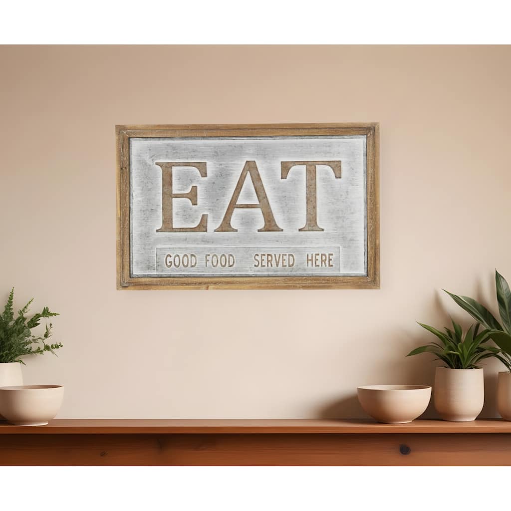 HomeRoots 14" X 21" Gray and Brown Eat Wood and Metal Wall Decor