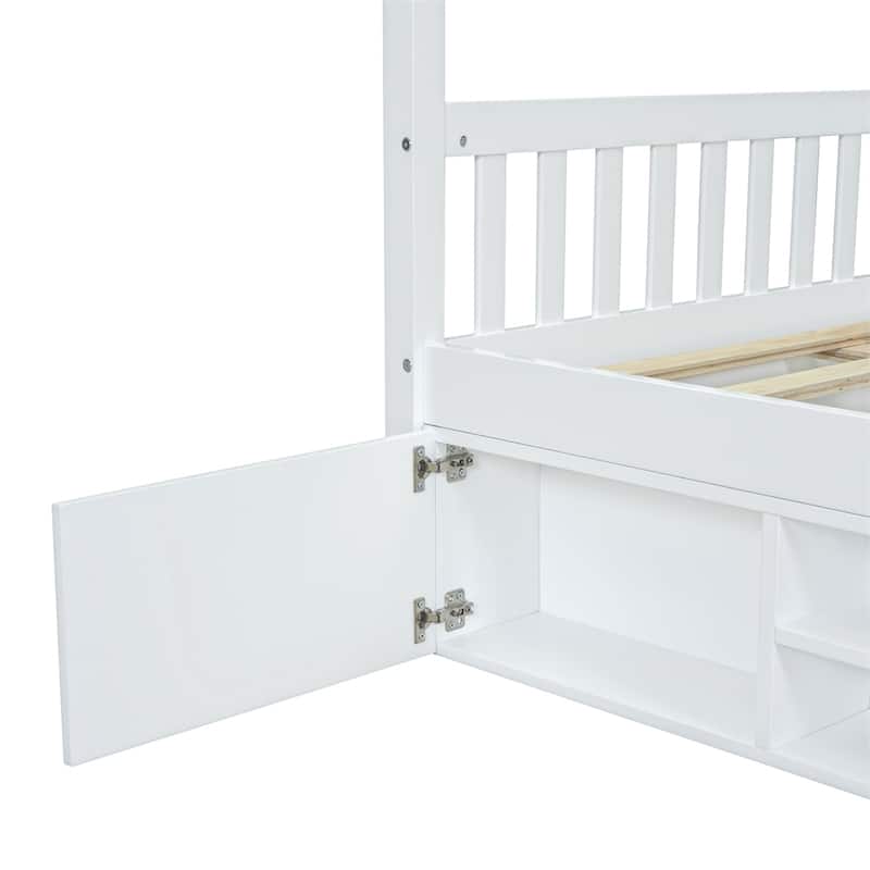 Full Size Wooden House Bed with Shelves and a Mini-cabinet