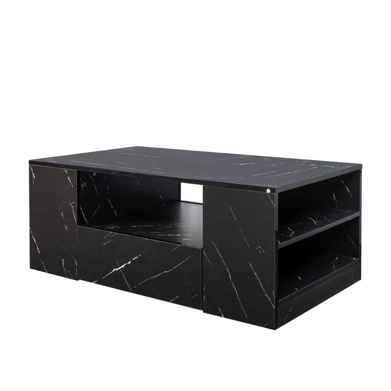 LED Coffee Tables for Living Room, Medium Storage Coffee Table, Wood Center Table with 2 Drawers and Open Side Shelf