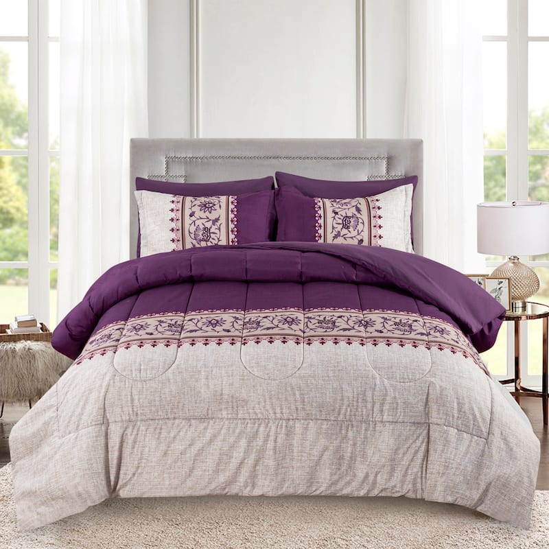 Bed in a Bag Soft Fluffy Goose Down Alternative Printed Comforter Set Includes Sheet Set, Modern Eggplant Aster Floral Pattern