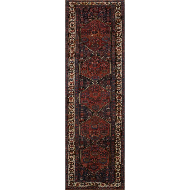 Hand Knotted Oriental 100% Wool Carpet Traditional Geometric Navy Blue & Blues Bidjar Runner Rug - 17' 7'' X 3' 10''