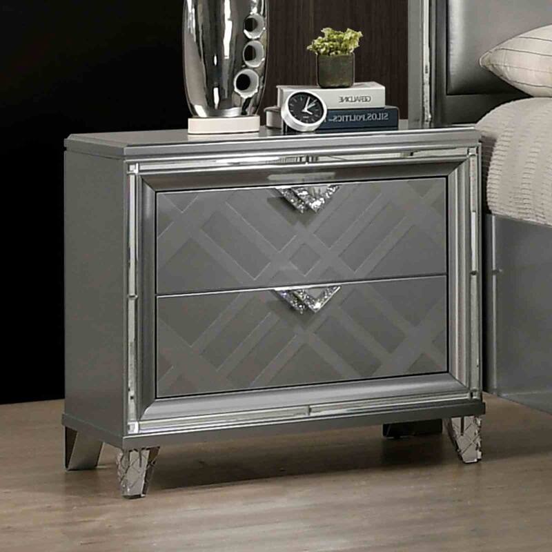 Contemporary Nightstand with USB Port & Hidden Jewelry Drawer - Silver Finish, Acrylic Legs
