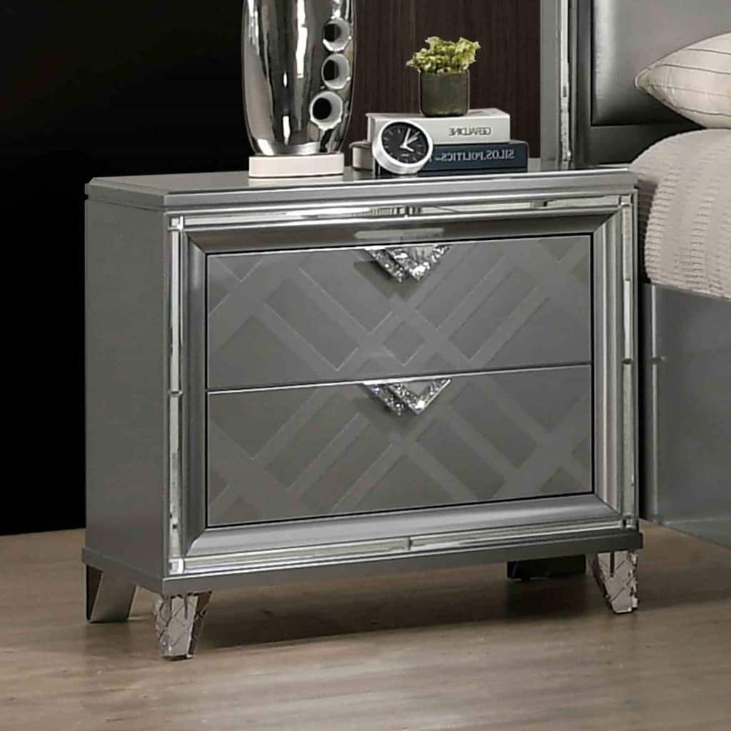 Contemporary Nightstand with USB Port & Hidden Jewelry Drawer - Silver Finish, Acrylic Legs