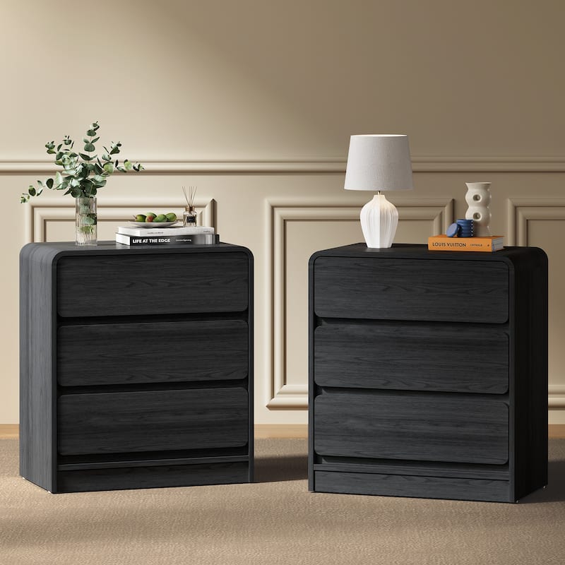 Modern Storage 3-Drawer Nightstand Set of 2 for Bedroom, Nursery, Living Room - Black
