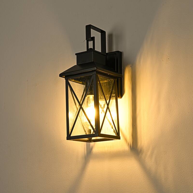 15 in. 1-Light Matte Black Outdoor Wall Sconce with Clear Seeded Glass - E26, Wet Rated, Modern Style