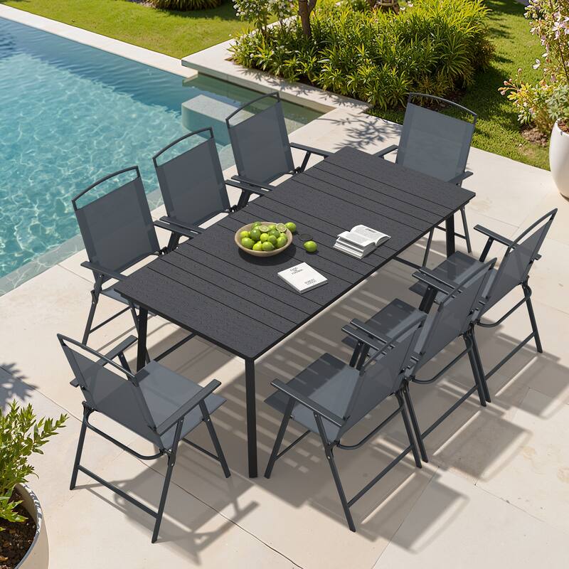 9-Piece Outdoor Dining Set Rectangle Patio Dining Table with Umbrella Hole and Folding Chairs - Black Table with Grey Chairs