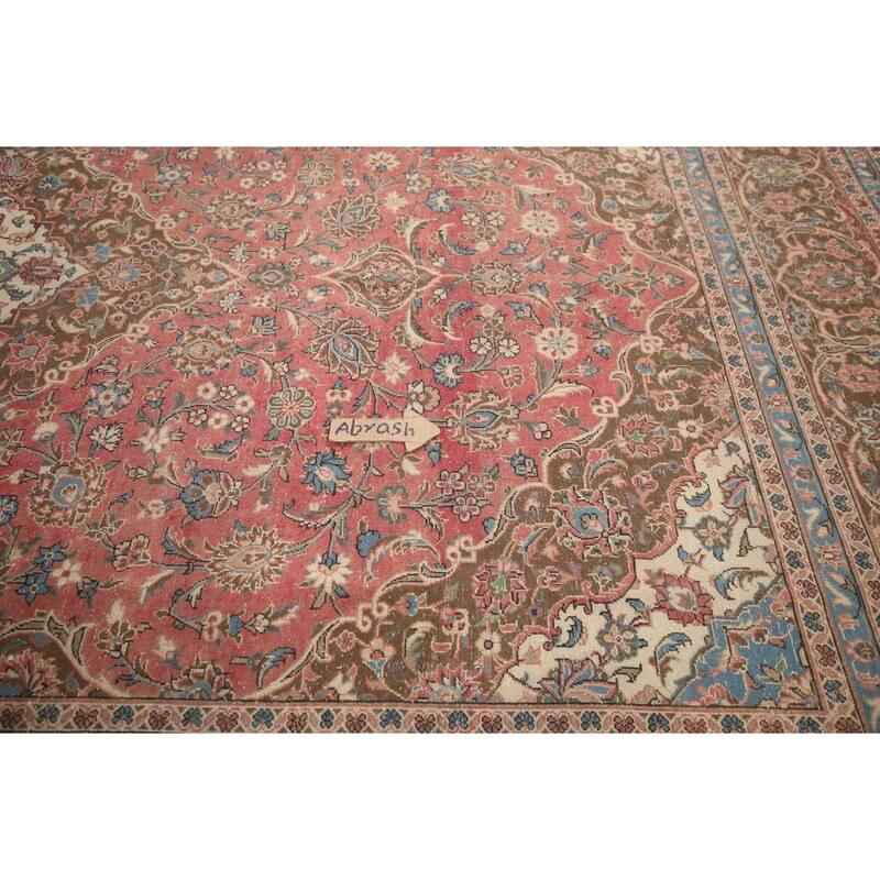 Hand Knotted Oriental 100% Wool Carpet Traditional Floral Pink Kashan Area Rug - 12' 11'' X 9' 7''