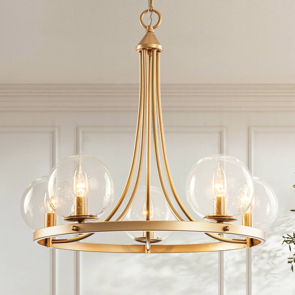 24.4" W 5-Light Mid-Century Modern Gold Wagon Wheel Ring Chandelier with Seeded Glass Globe Shades for Living & Dining Room