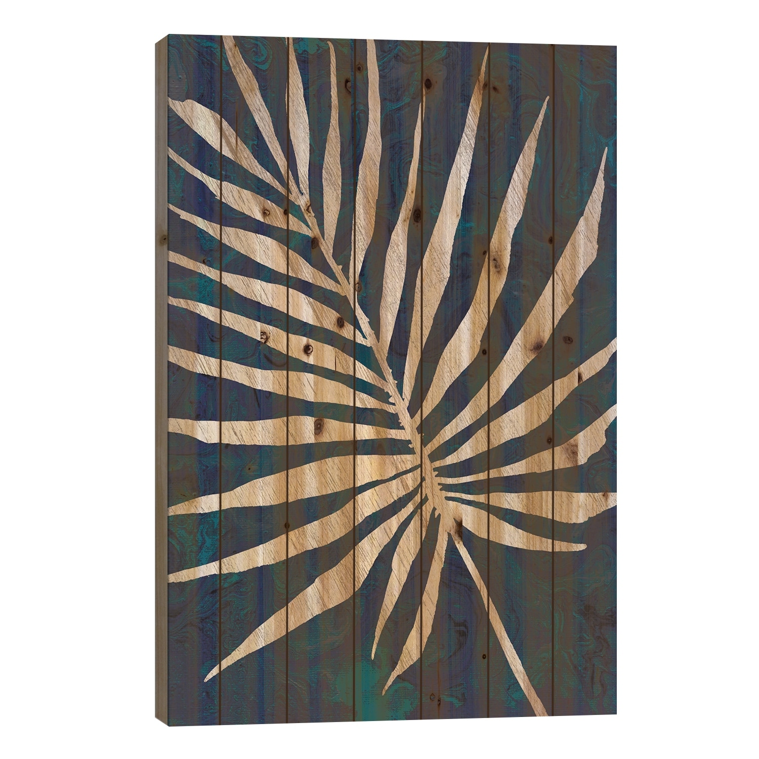 Palm Leaf Navy Print On Wood by Cindy Jacobs - Multi-Color