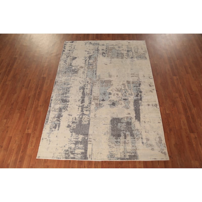 Contemporary Abstract Oriental Area Rug Handmade Beige Wool Carpet - 5'4"x 7'5"