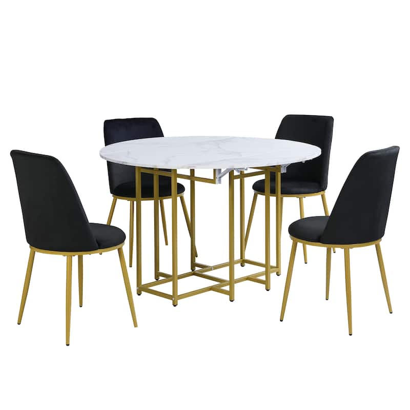 5-Piece Extendable Kitchen Dining Table Set- Round Faux Marble Top, 4 Upholstered Chairs, Compact Foldable Design