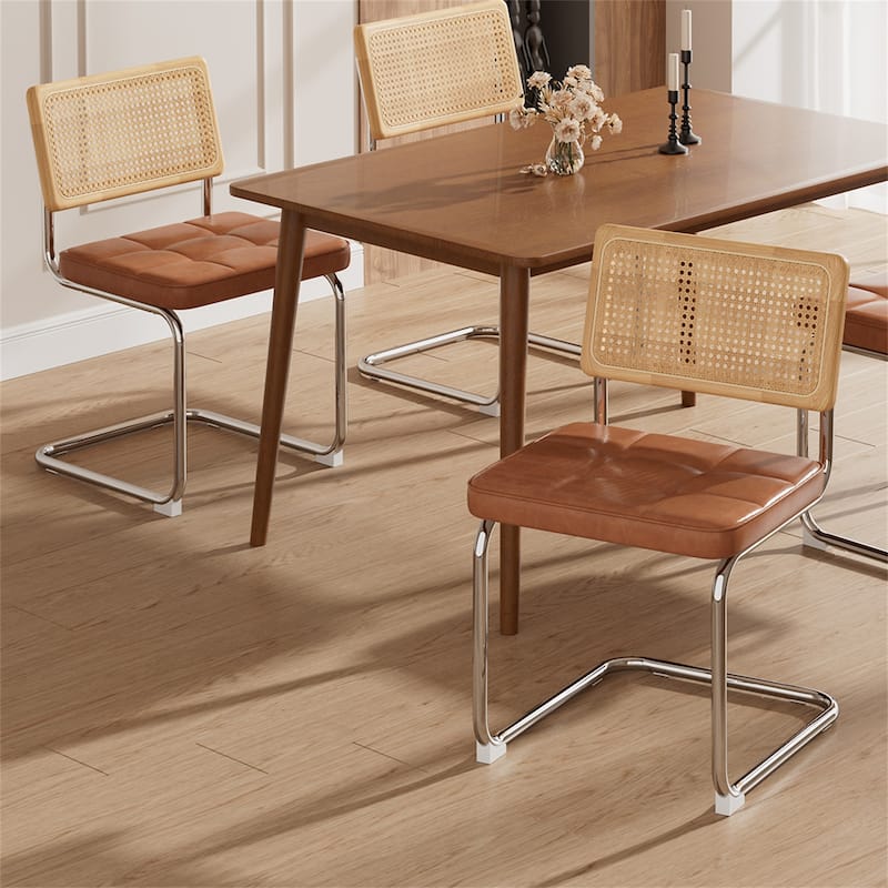 Natural Rattan Dining Chairs with Solid Wood Back, Upholstered Faux Leather (Set of 2)
