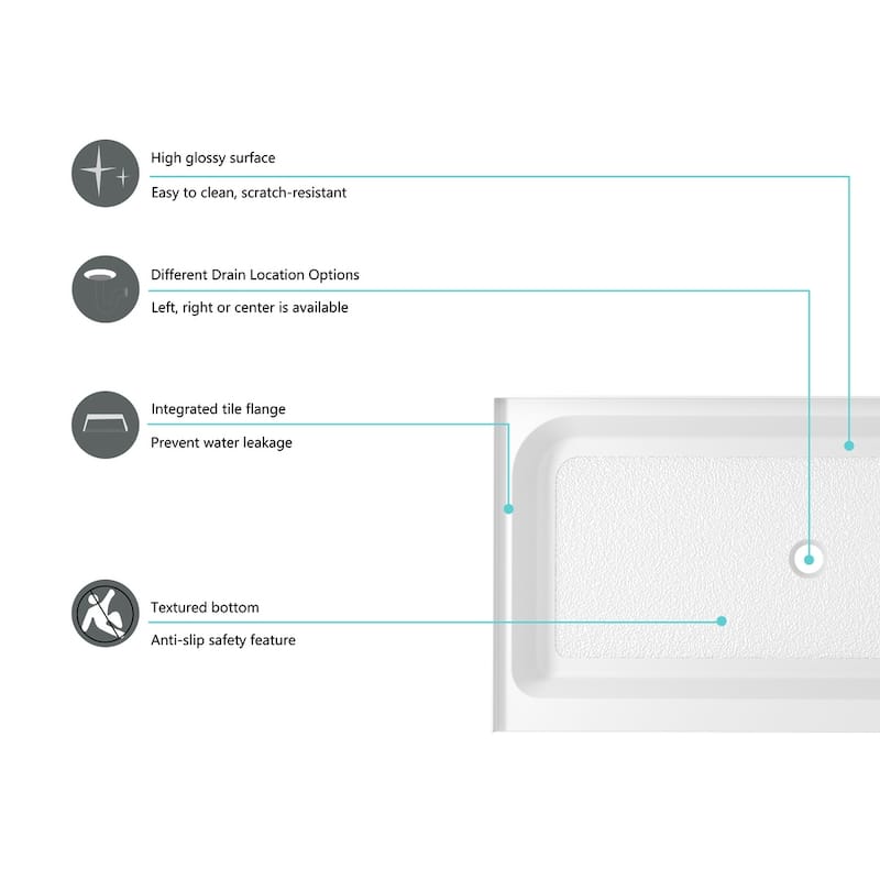 Indigo Home 60x32 inch Single Threshold Shower Tray Center Drain in White