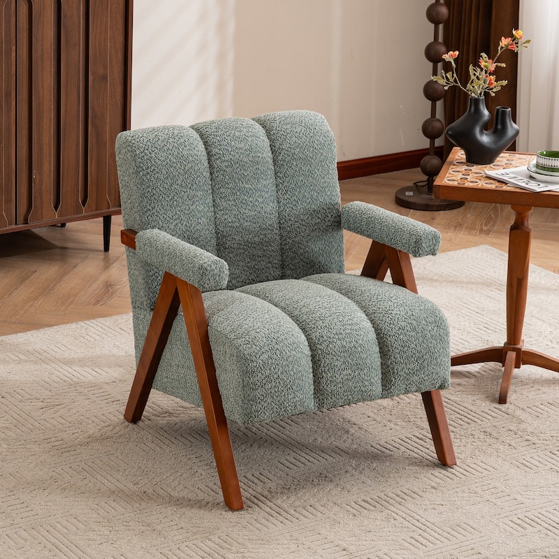 Mid Century Modern Accent Chair, Chenille Armchair with Solid Wood Legs, Channel Tufted Comfy Reading Chair for Living Room