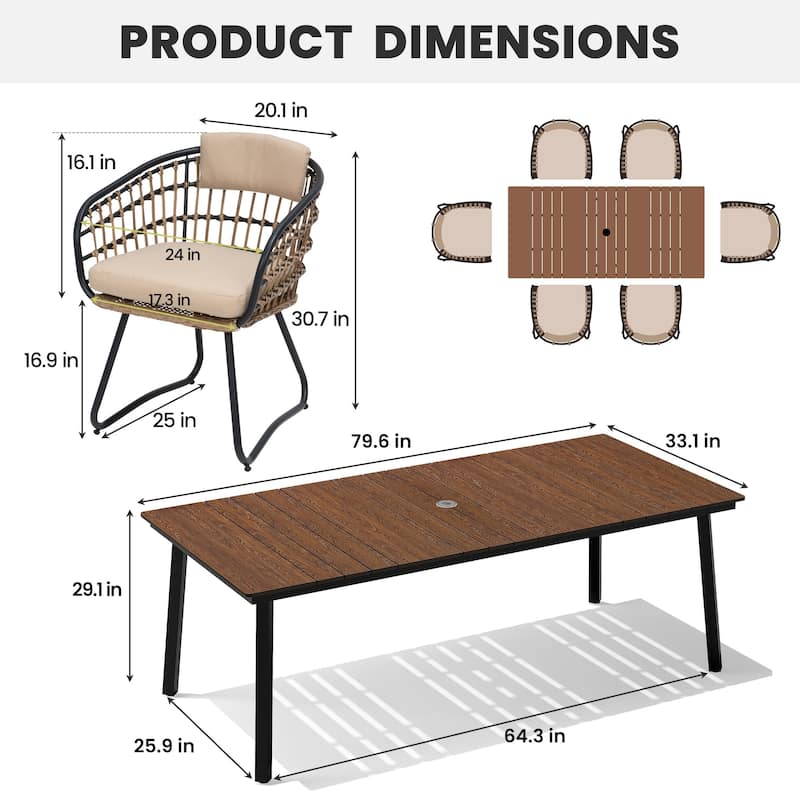 7-Piece Outdoor Rectangle Patio Dining Table with Umbrella Hole and Cushioned Chairs