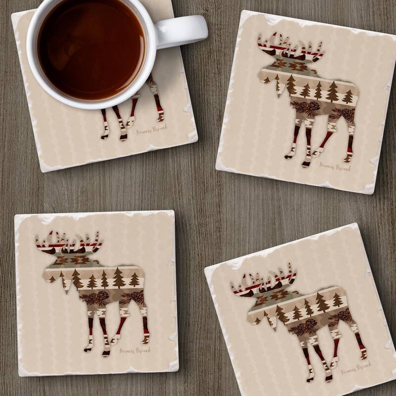 Patterned Moose 4-Pack Absorbent Stone Tumbled Tile Coasters with Protective Cork Backing 4" in The USA Easily Wipes Clean