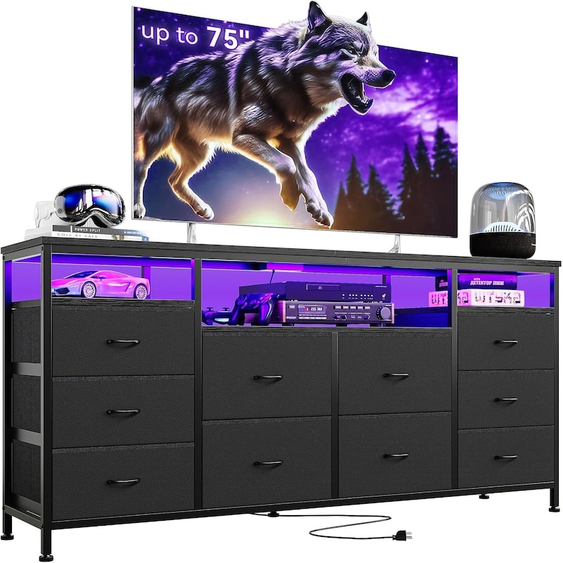 63.3 Inch Black Dresser for Bedroom, 10 Drawer Dresser TV Stand
