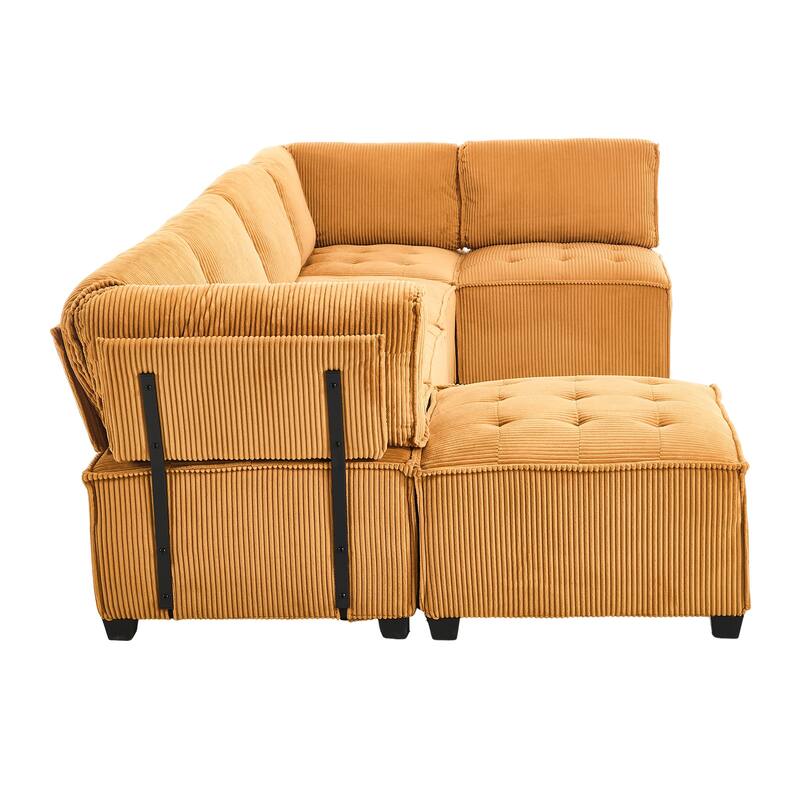 121.26" Corduroy Modular Sectional Sofa 6- Seat U Shaped Couch with Reversible Chaise and Ottoman