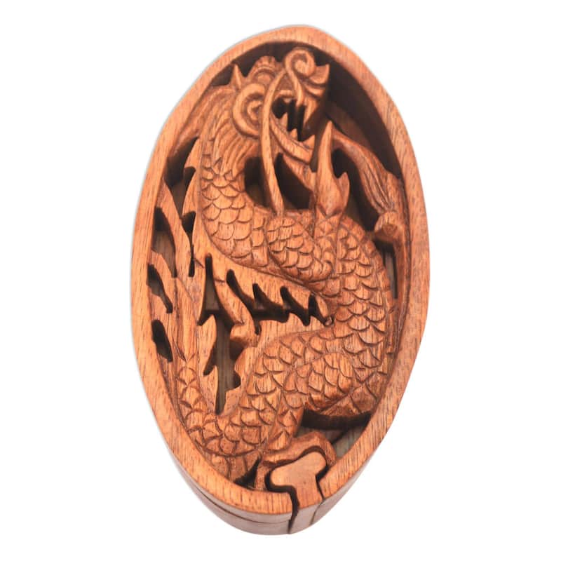 Novica Handmade Dragon Oval Wood Puzzle Box - 2.6" H x 3.1" W x 5.5" D