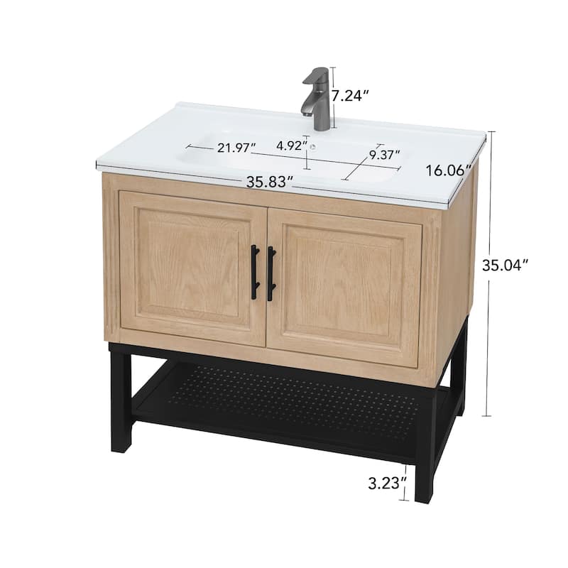Roomfitters 36 Inch Bathroom Vanity with White Ceramic Sink and Faucet, Freestanding Cabinet with 2 Doors, Natural