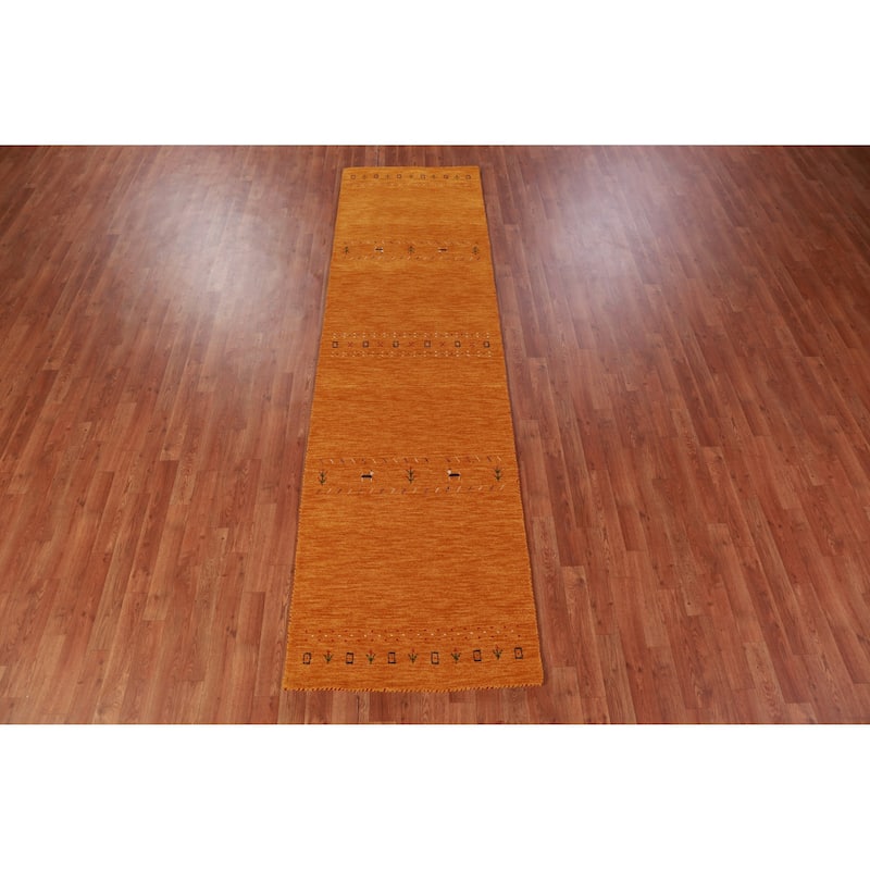Hand Knotted Oriental 100% Wool Carpet Tribal Animal Pictorial Oranges & Rust Gabbeh Runner Rug - 9' 9'' X 2' 9''