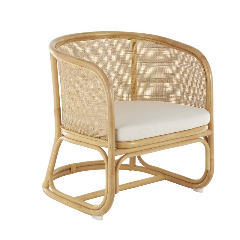 Light Brown Rattan Woven Rounded Living Room Accent Chair with White Fabric Cushion