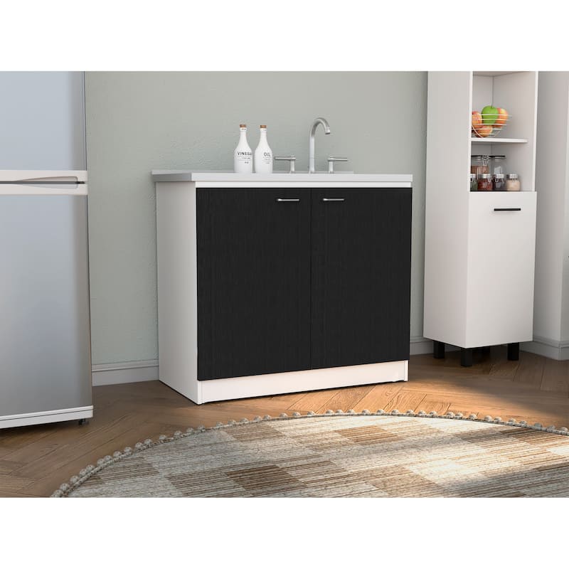 Utility Sink With Cabinet, Double Door, One Shelf -White / Black - Multi