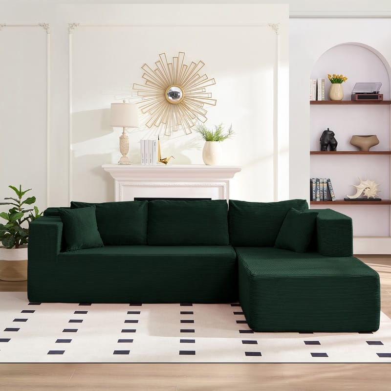 Mixoy W106'' Modern 2-Piece Free Combination Corduroy Upholstered L-Shaped Modular Sectional Sofa with Right Chaise and Pillow