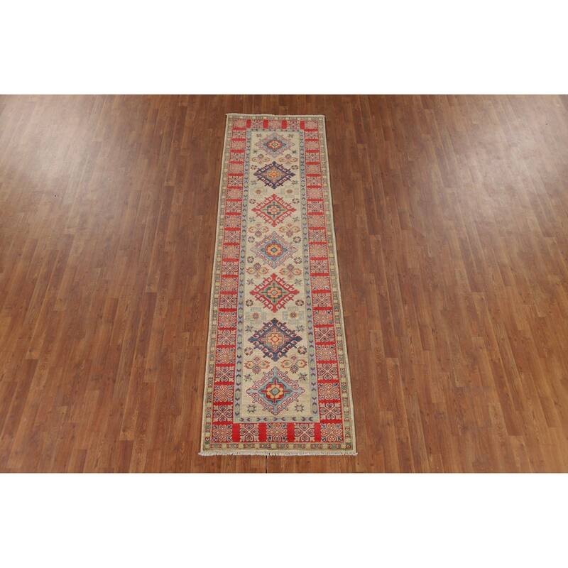 Geometric Kazak Runner Rug Handmade Foyer Wool Carpet - 2'10" x 9'7"