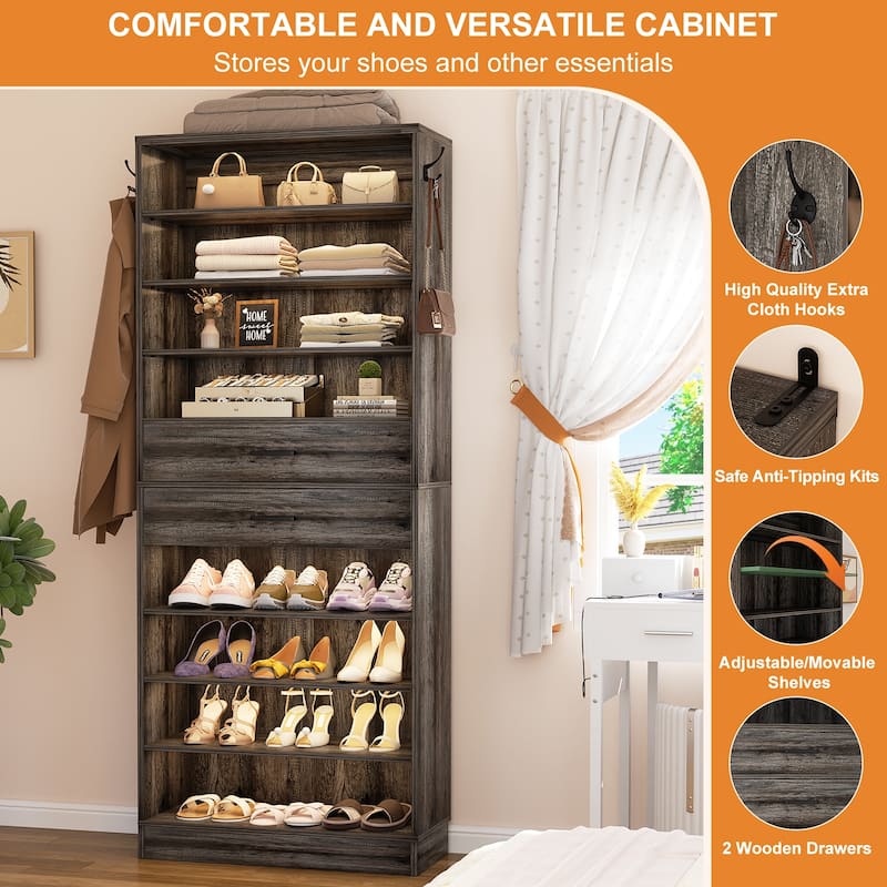 9-Tier Shoe Cabinet with 2 Drawers, Freestanding Closet Organizer with Adjustable Storage Shelves