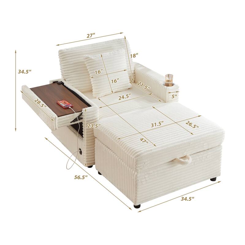 Fluffy Corduroy Lazy Sofa Chaise Lounge with Accent Chair, Storage Ottoman, Folding Table Board, Cup Holder and USB