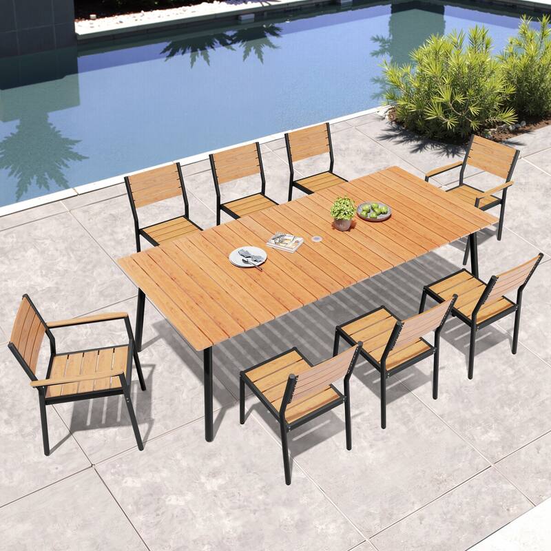 Outdoor Patio Dining Set 7/9 Piece Furniture Set Aluminum Dining Table with Umbrella and Stackable Chairs - Brown - Set of 9 - 94.49 inches