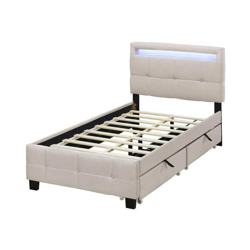 Linen Fabric Upholstered Platform Bed with Lattice-Pattern Headboard, Remote Control LED Panel Bed Frame for Bedroom