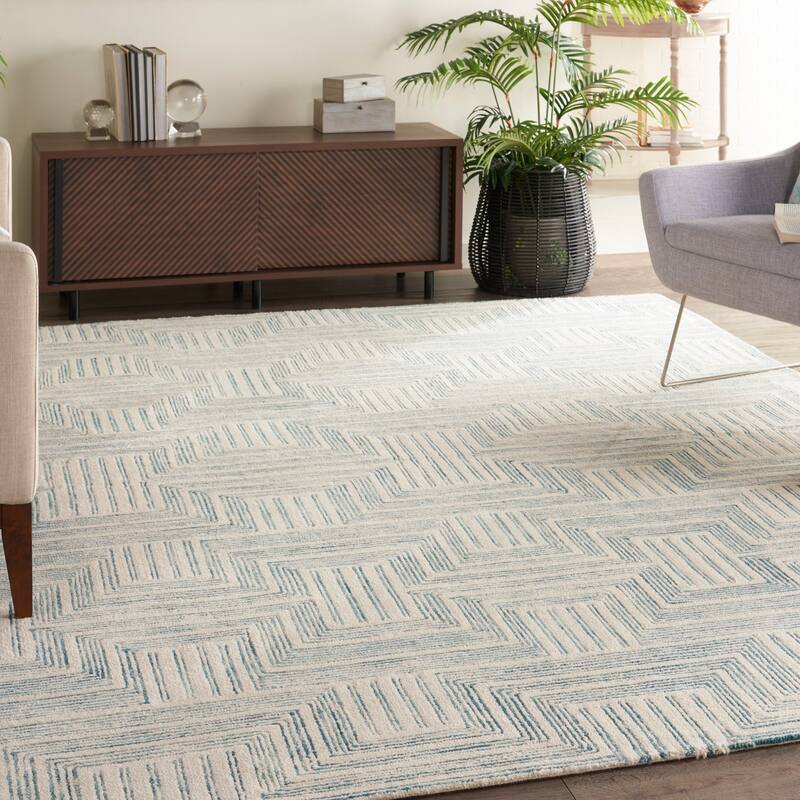 Nourison Linked Modern Geometric Ivory Turquoise Blue Area Rug - 8' x 10' 6" - Ivory/Turquoise