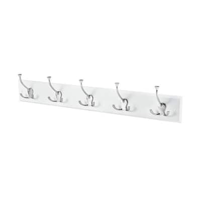 Melannco Wall Mounted Coat Rack with 5 Metal Hooks, 27X5 Inch, White
