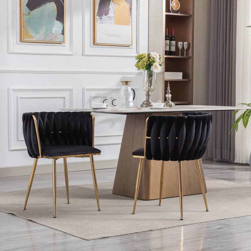 Velvet Fabric Dining Chairs Set of 2, Ergonomic Upholstered Lounge Chair, Accent Chairs with Woven Back & Metal Legs
