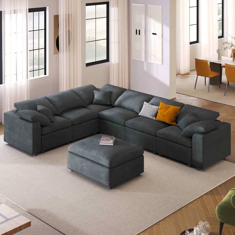7-Seater Modular Chenille Sectional Sofa with Movable Ottoman by Harper&Bright Designs - Gray