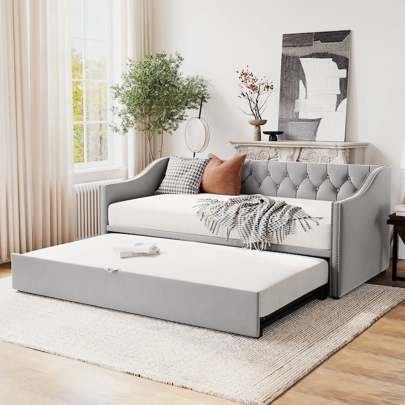 Button Tufted Backrest Daybed, Twin To King Extendable Sofabed with 2 Armrests & Pop Up Trundle Bed, Velvet Platform Bed - Gray - Twin