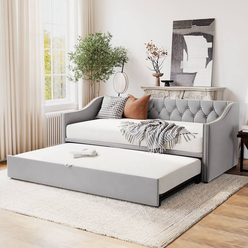 Twin Size Upholstered Daybed with Pop-Up Trundle, Expandable from Twin to King, Velvet with Armrests