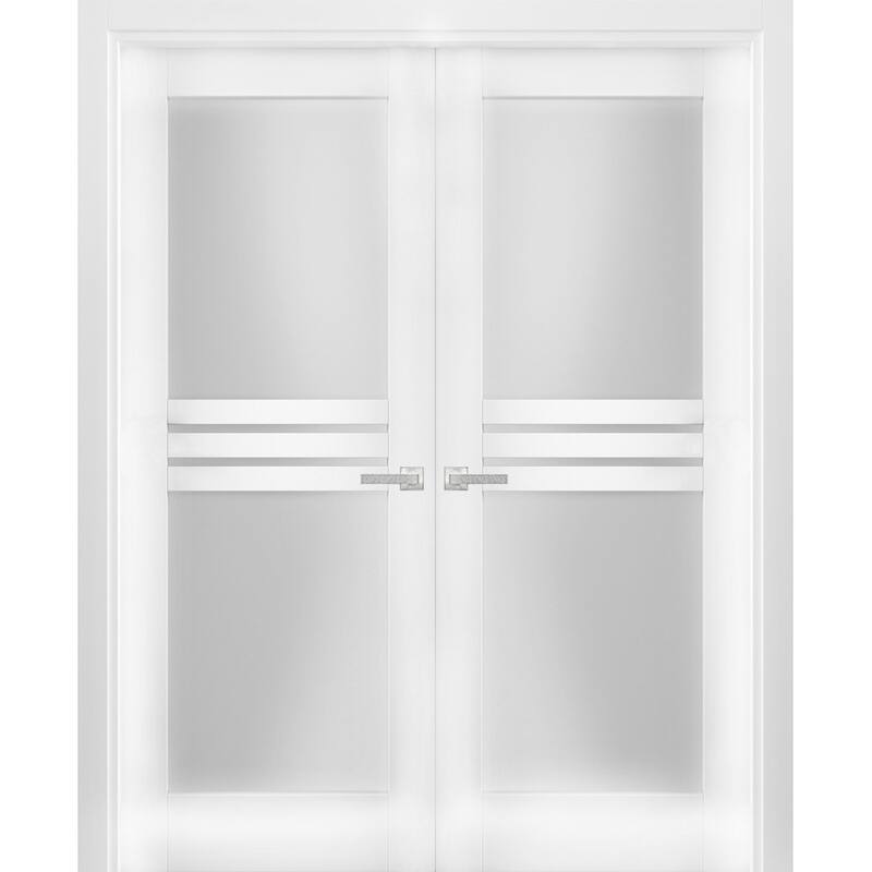 Solid French Double Doors Opaque Glass 4 Lites / Mela 7222 White Silk / Wood Solid Panel Frame / Closet Bedroom Modern Doors