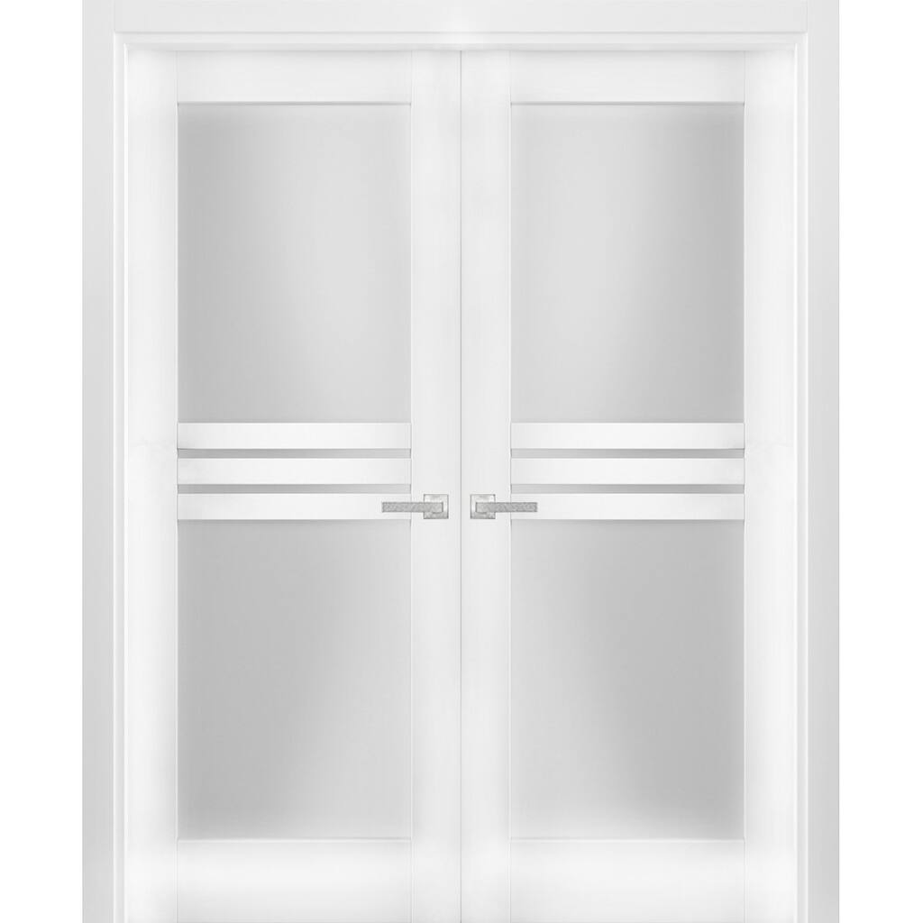 Solid French Double Doors Opaque Glass 4 Lites / Mela 7222 White Silk / Wood Solid Panel Frame / Closet Bedroom Modern Doors