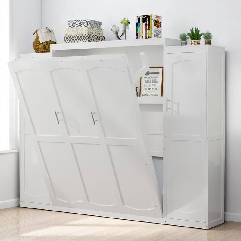 Full/Queen Murphy Bed with 2 Wardrobes and Shelf, Foldable Wall Bed Frame with Storage for Guest Room or Bedroom