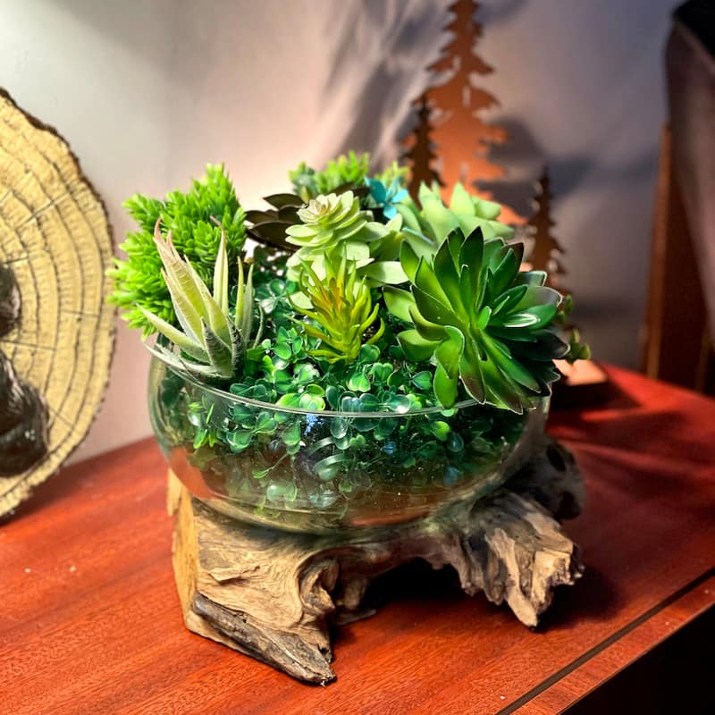 Molten Glass Bowl On Driftwood 10" Hand Blown Decorative Centerpiece